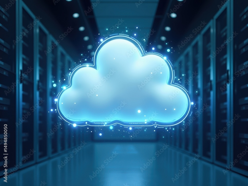 Poster luminous cloud icon representing cybersecurity in a data center environment