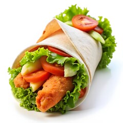 A crispy chicken wrap, tightly rolled with fresh veggies and a crispy fried chicken strip, on a white background
