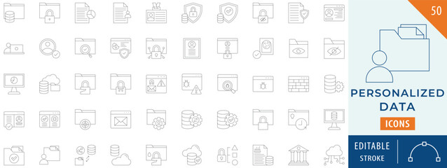 Personalized Data icon collection set. Containing configuration, security, server, technology, business, and more. Editable stroke.