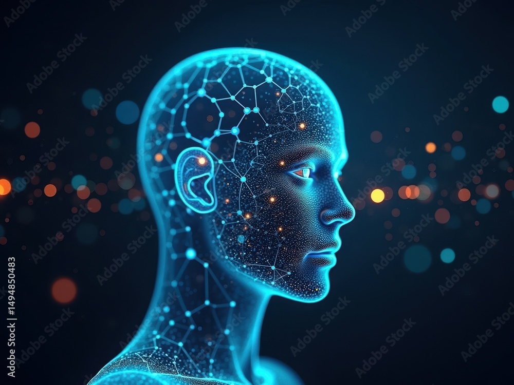 Poster cybersecurity and artificial intelligence illustrated as a glowing digital head with intricate patte