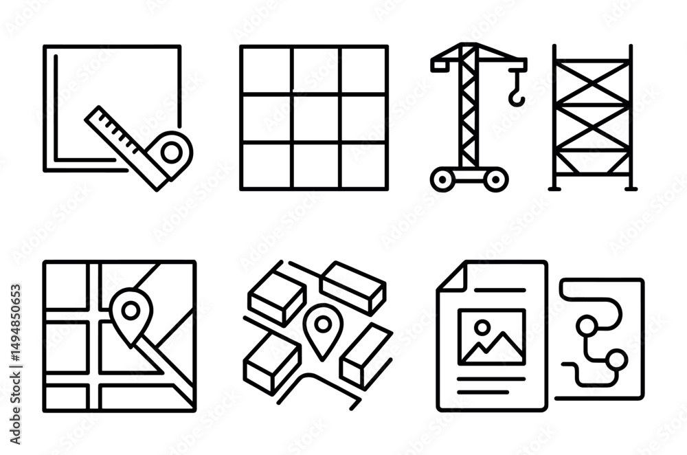Poster construction and architecture outline icons set – linear, building design symbols