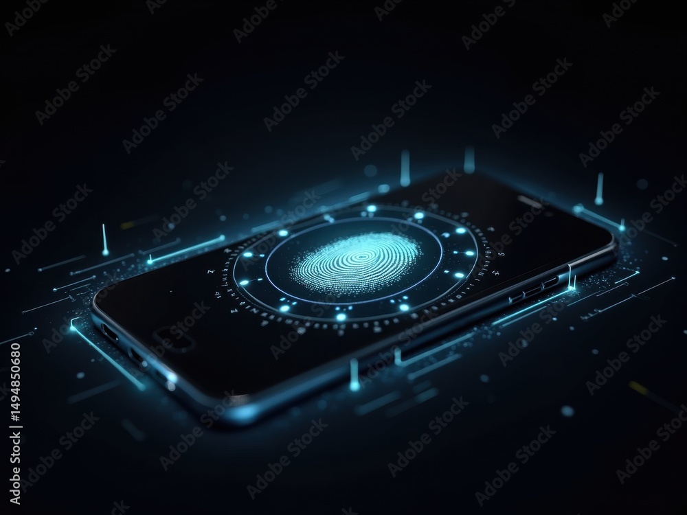 Poster closeup of smartphone featuring advanced biometric security technology with fingerprint recognition