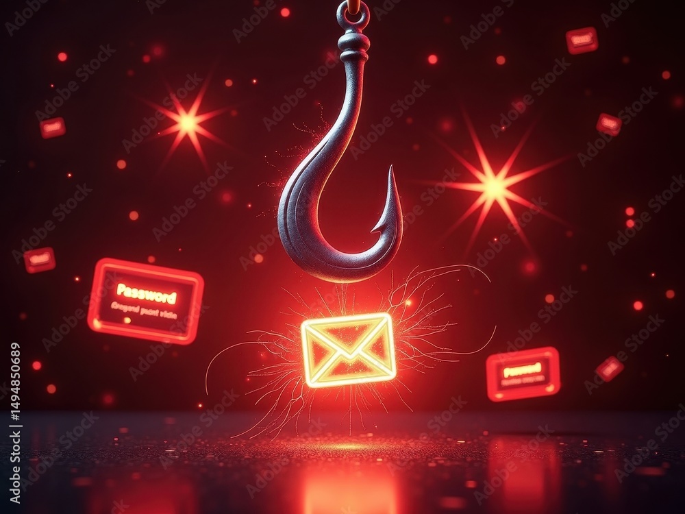 Poster visual representation of a phishing hook symbolizing cybersecurity threats and vulnerabilities in di