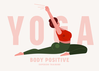 Illustration of body positive woman doing yoga. Stylized flat graphic style for your design. Color print on white background
