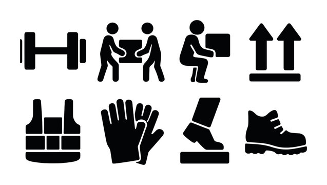 Safety and lifting silhouette icons set – solid, filled, protection essentials