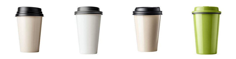 Collection of various disposable coffee cups in different colors and styles including white black and green with lids on a plain white background for product display or branding purposes
