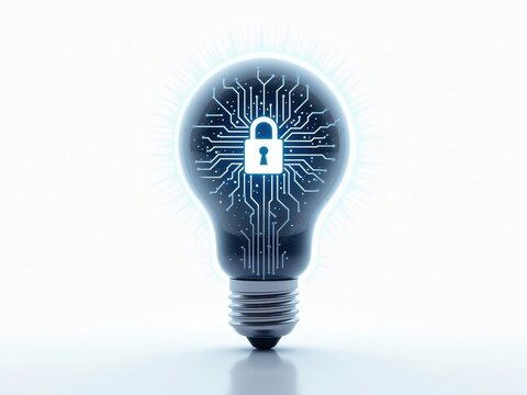 Futuristic lightbulb with artificial intelligence chip symbolizing cybersecurity innovation and protection