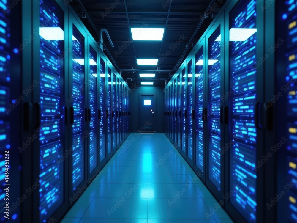 Poster modern data center showcasing glowing blue servers in a secure cybersecurity environment