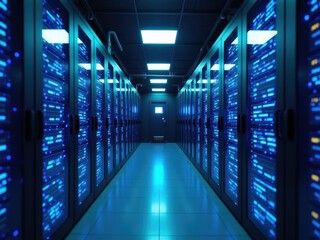 Modern data center showcasing glowing blue servers in a secure cybersecurity environment