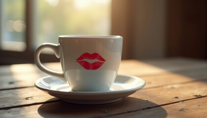 Coffee cup with lipstick mark on saucer in warm, cozy interior  