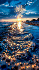 Colorful fireworks illuminate the evening sky above a tranquil ocean, reflecting on gentle waves during a peaceful twilight beach setting