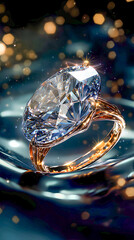 Fototapeta premium Sparkling diamond ring on a reflective surface with shimmering background lights creating an elegant and luxurious atmosphere