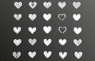 Set of various white heart illustrations png. Hand-drawn vector icons and symbols on isolated transparent background.	