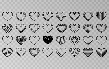 Set of various black heart illustrations png. Hand-drawn vector icons and symbols on isolated transparent background.	