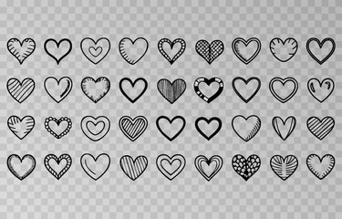 Set of various black heart illustrations png. Hand-drawn vector icons and symbols on isolated transparent background.	