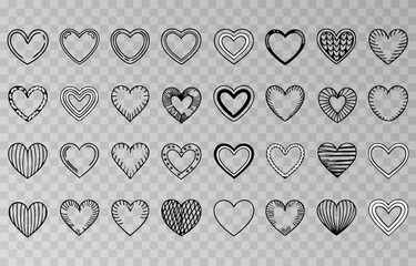 Set of various black heart illustrations png. Hand-drawn vector icons and symbols on isolated transparent background.	