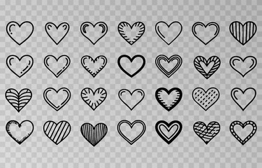 Set of various black heart illustrations png. Hand-drawn vector icons and symbols on isolated transparent background.	