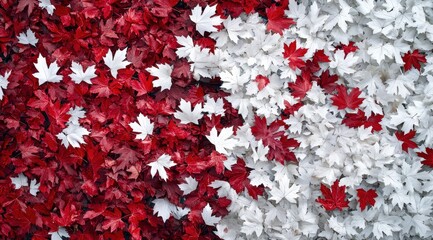 Obraz premium A vibrant autumnal display of red and white maple leaves arranged in a diagonal split