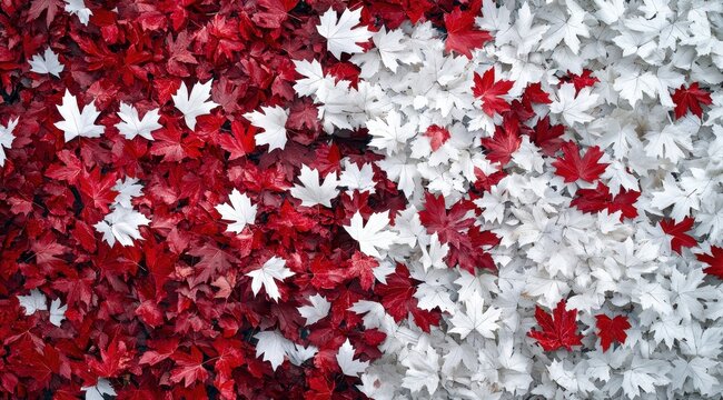 A vibrant autumnal display of red and white maple leaves arranged in a diagonal split