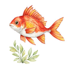 Fototapeta premium A bright orange goldfish swims gracefully near some green leafy vegetation.