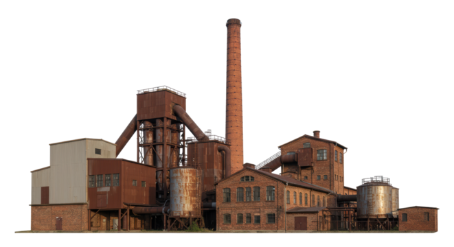 Isolated Old Rusty Industrial Factory with Chimney
