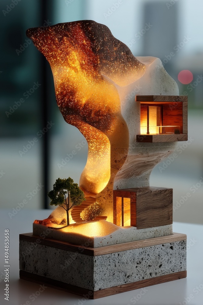 Poster glowing abstract sculpture with miniature tree and house, representing architectural innovation and 