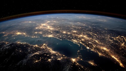 Earth at Night From Space, Showing City Lights and Atmospheric Glow, Illustrating Global Connectivity and Infrastructure Development : Generative AI