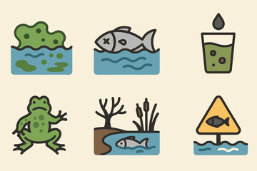 Environmental hazards flat icons set – pollution, wildlife, conservation symbols