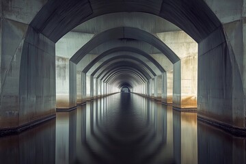 Vaulted bridge structure creates stunning mirror reflection beneath in calm water during early morning light