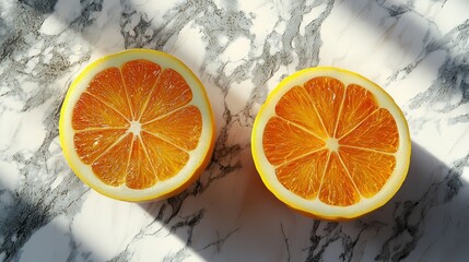 Two orange halves on marble