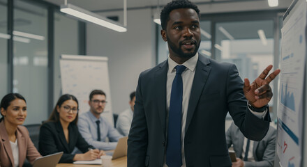 Fototapeta premium Confident Black businessman leading presentation, explaining strategy diverse team colleagues modern office conference room. Corporate meeting, data analysis, business development, teamwork