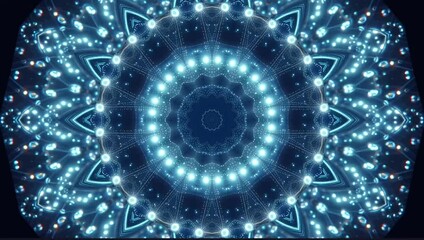 Futuristic digital mandala composed of glowing blue lights and stars forming a radial, symmetrical pattern. The high-tech design evokes a sense of cosmic energy, data flow, and digital harmony - Powered by Adobe