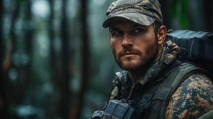 Obraz premium Forest scene with muscular man in camouflage holding rifle and looking back