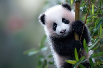 Adorable Baby Panda Climbing Bamboo, Symbolizing Conservation and Wildlife Preservation Efforts : Generative AI