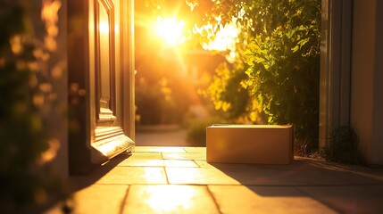 A cardboard package arrives at the doorstep, symbolizing convenience and modern delivery services.