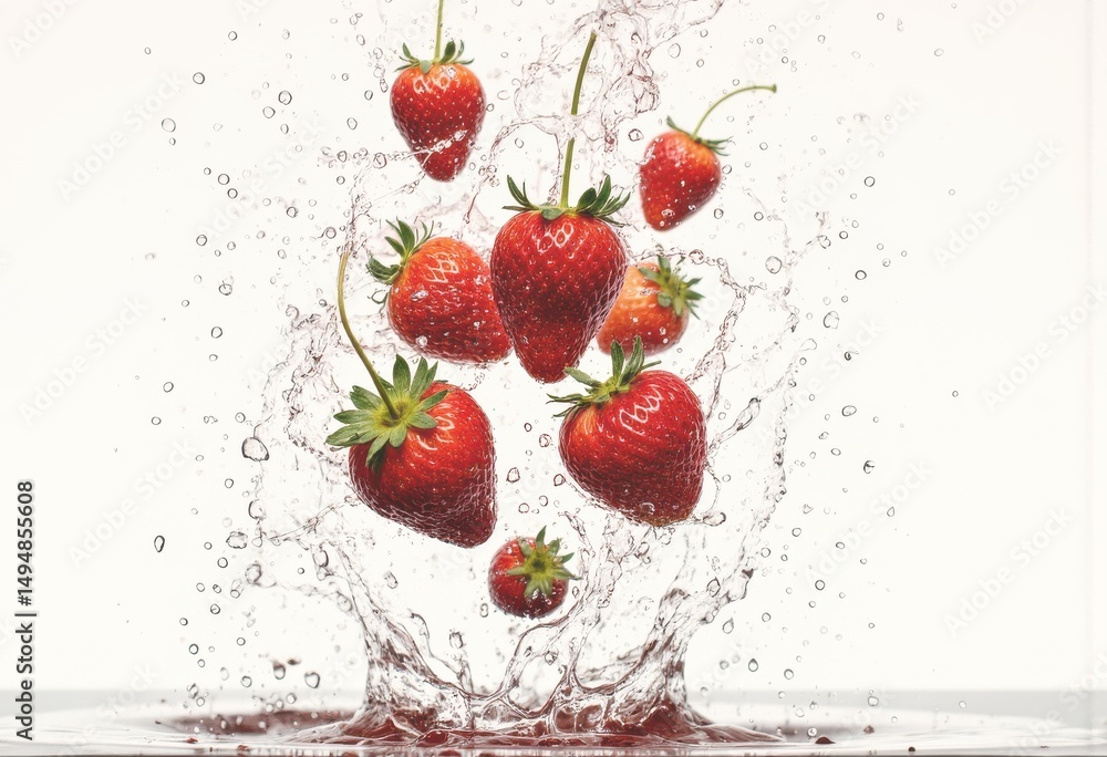 Poster fresh strawberries splashing into water, creating a vibrant and refreshing scene