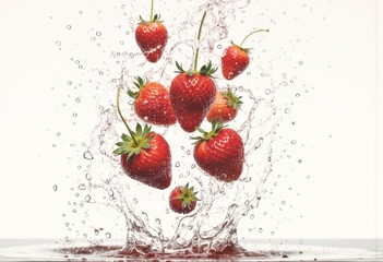 Fresh strawberries splashing into water, creating a vibrant and refreshing scene