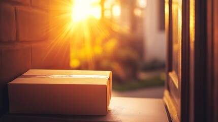 A cardboard package arrives at the doorstep, symbolizing convenience and modern delivery services.