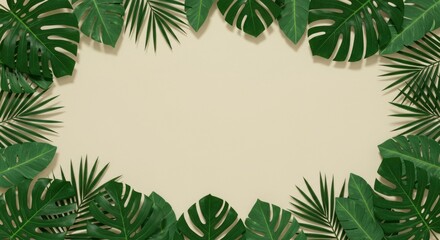 Lush tropical leaves create a vibrant frame around a beige background, ideal for text or imagery