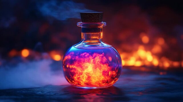 Glowing potion bottle in dark fantasy scene