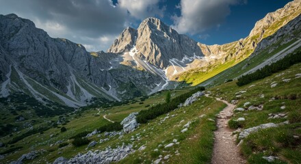 Majestic mountain peak dominates a valley, a winding trail leads through verdant meadows and rocky terrain under a dramatic sky