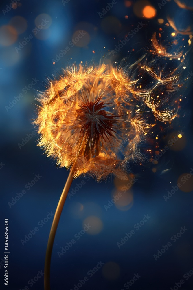 Poster glowing dandelion seeds blowing away on dark blue background, symbolizing ephemerality and new begin