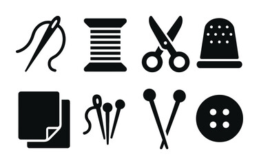 Sewing solid icons set – filled, crafting and needlework design symbols