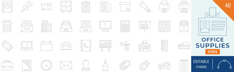 Office Supplies icon collection set. Containing pencil, marker, eraser, notes, paper clips, rubber hand, briefcase, calculator. Editable stroke.