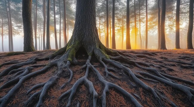 Majestic tree with exposed roots in a misty pine forest at sunrise, showcasing warm sunlight filtering through the trees - Powered by Adobe