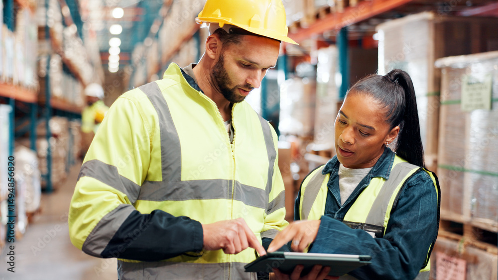 Fototapete discussion, people or tablet in warehouse for logistics, problem solving or inventory management. ap
