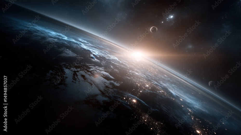 Poster Sunrise Over Earth From Space With Moon, Representing Exploration and Environmental Awareness, Suitable For Science and Technology Presentations : Generative AI