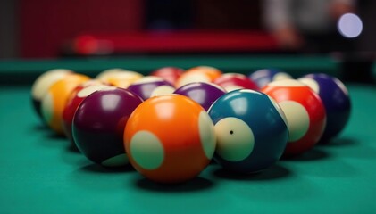 Rack of football-shaped billiard balls on table , table, picture