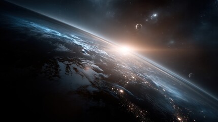 Fototapeta premium Sunrise Over Earth From Space With Moon, Representing Exploration and Environmental Awareness, Suitable For Science and Technology Presentations : Generative AI