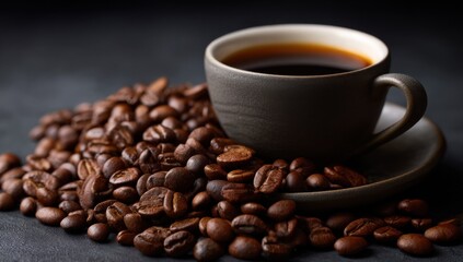 Cup of Black Coffee Surrounded by Roasted Beans, Illustrating Morning Rituals and the Coffee Industry : Generative AI